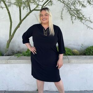 Roaman’s black midi cocktail dress with gold accents size 18w